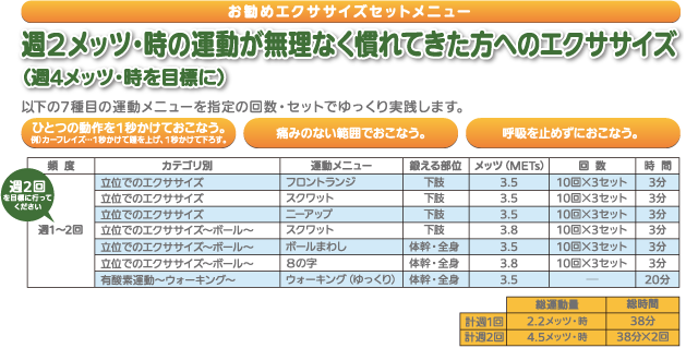 運動習慣のない方へのエクササイズ（週4メッツ・時を目標に）